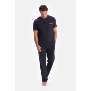 Dagi Navy Blue Half Pop Short Sleeve Single Jersey Pajamas Set