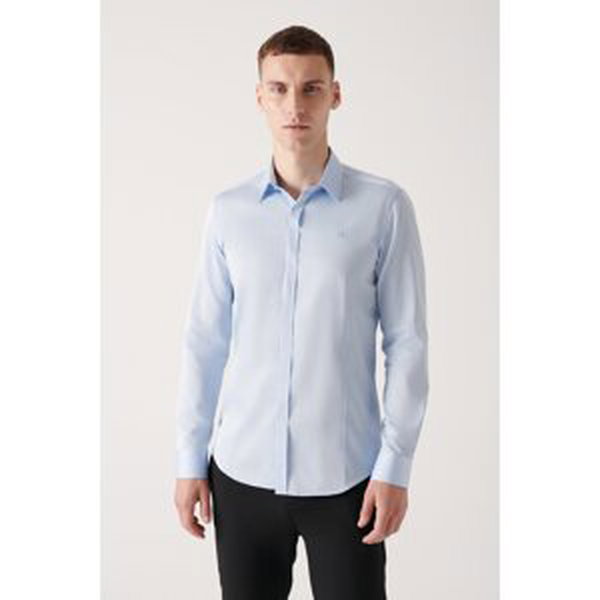 Avva Men's Blue 100% Cotton Satin Hidden Pocket Slim Fit Slim Fit Shirt