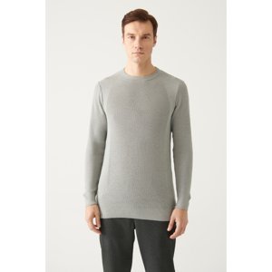 Avva Men's Gray Crew Neck Jacquard Slim Fit Narrow Cut Knitwear Sweater