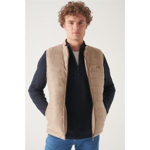 Avva Men's Beige Stand-Up Collar Faux Suede Quilted Comfort Fit Comfortable Cut Inflatable Vest