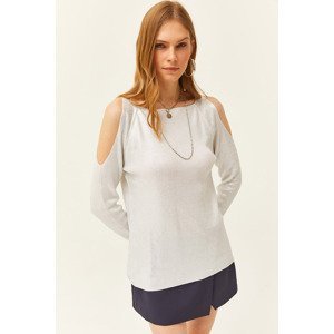 Olalook Women's White Decollete White Metallic Knitwear Sweater