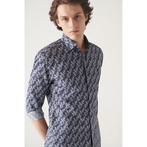 Avva Men's Navy Blue Abstract Patterned 100% Cotton Slim Fit Slim Fit Shirt