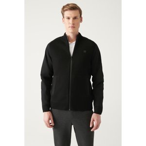 Avva Men's Black Wool Blended Sleeve Parachute Fabric Detailed Zippered Standard Fit Regular Cut Cardigan Coat