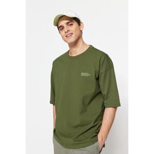 Trendyol Plus Size Khaki Men's Oversize/Wide Fit 100% Cotton Comfortable Minimal Printed T-Shirt