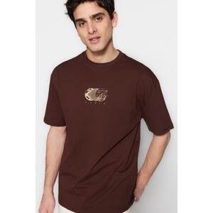 Trendyol Plus Size Brown Relaxed/Comfortable Cut 100% Cotton Printed T-Shirt