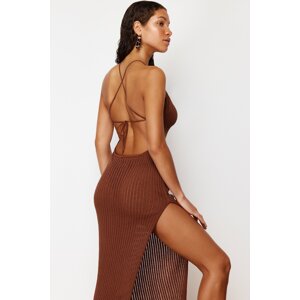 Trendyol Brown Fitted Maxi Knitted Decollete Back Knitwear Look Beach Dress