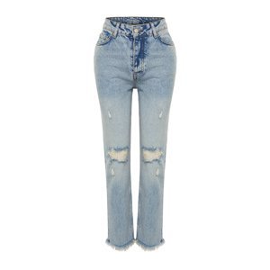 Trendyol Blue Ripped Detailed High Waist Straight Jeans