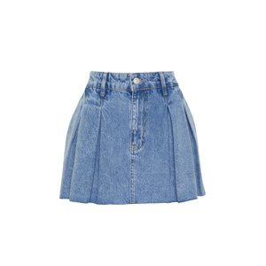 Trendyol Blue Pleated Low Waist Mini Denim Skirt