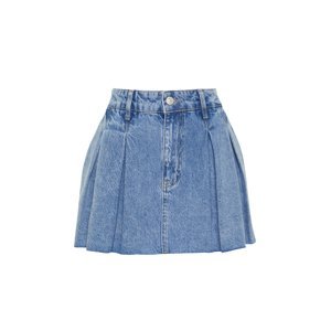 Trendyol Blue Pleated Low Waist Mini Denim Skirt