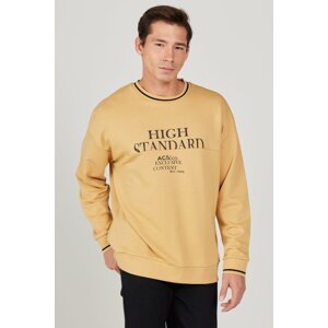 AC&Co / Altınyıldız Classics Men's Mustard Oversize Loose Cut 3 Thread Crew Neck Cotton Sweatshirt with Fleece Inside