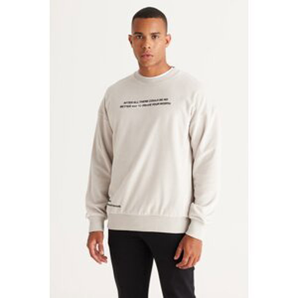 AC&Co / Altınyıldız Classics Men's Light Gray Loose Fit 3 Thread Crew Neck Long Sleeve Sweatshirt with Fleece Inside