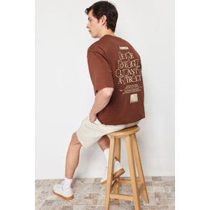 Trendyol Large Size Brown Oversize/Wide Cut 100% Cotton Text Printed T-Shirt