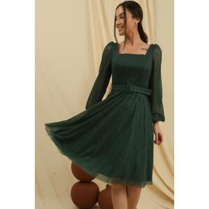 By Saygı Square Collar Belted Balloon Sleeve Lined Glitter Dress