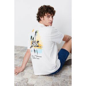 Trendyol Ecru Relaxed/Comfortable Cut Landscape Printed 100% Cotton Short Sleeve T-Shirt