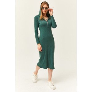 Olalook Women's Green Zippered Hooded Pocket Thick Ribbed Midi Dress