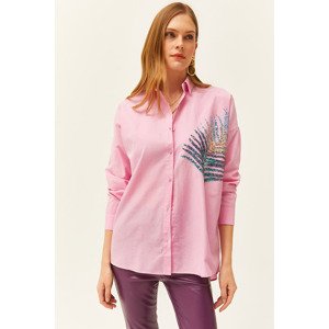 Olalook Women's Candy Pink Palm Sequin Detailed Oversize Woven Poplin Shirt