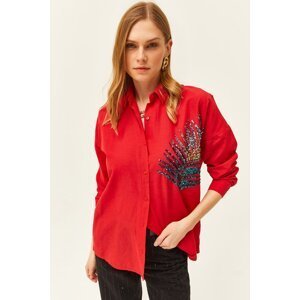 Olalook Women's Red Palm Sequin Detailed Oversize Woven Poplin Shirt