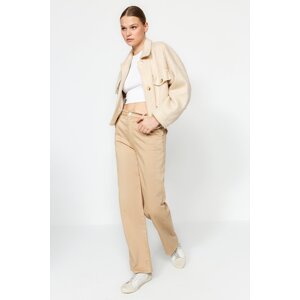 Trendyol Beige Stitch Detail Satin High Waist Wide Leg Jeans