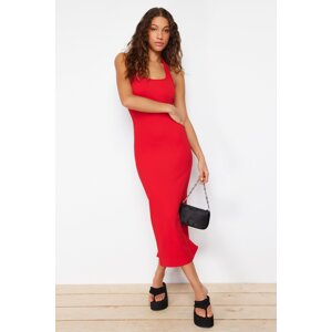 Trendyol Red Fitted Square Neck Ribbed Flexible Knitted Maxi Dress