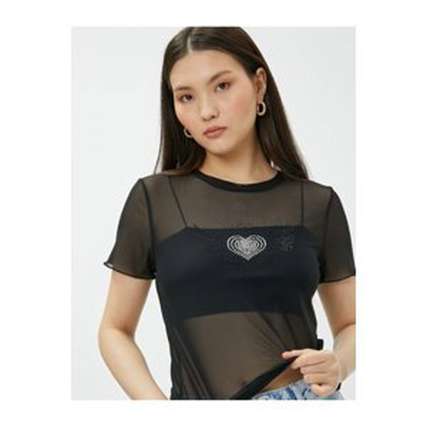 Koton Transparent T-shirt with Stones and Short Sleeves
