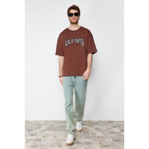 Trendyol Brown Oversize Custom Embroidered 100% Cotton T-Shirt