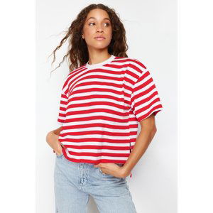 Trendyol Red Striped 100% Cotton Asymmetrical Loose/Relaxed Cut Knitted T-Shirt