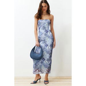 Trendyol Blue Strapless Neck Lace Printed Knitted Midi Dress