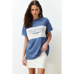 Trendyol Indigo 100% Cotton Color Block City Print Oversize/Wide-Fit Knitted T-Shirt