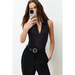 Trendyol Black Fitted Polo Neck Flexible Snaps Knitted Bodysuit