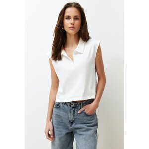 Trendyol Ecru 100% Cotton Polo Collar Regular/Normal Fit Crop Knitted T-Shirt