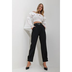 Trend Alaçatı Stili Women's Black Waist Belted Leg Buttoned Double Pocket Double Fabric Woven Trousers