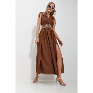 Trend Alaçatı Stili Women's Coffee Double Breasted Neck Shoulder Gathered Waist Embroidered Slit Maxi Length Linen Dress