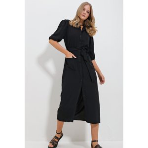 Trend Alaçatı Stili Women's Black Double Pocketed Watermelon Sleeve Aerobin Shirt Dress