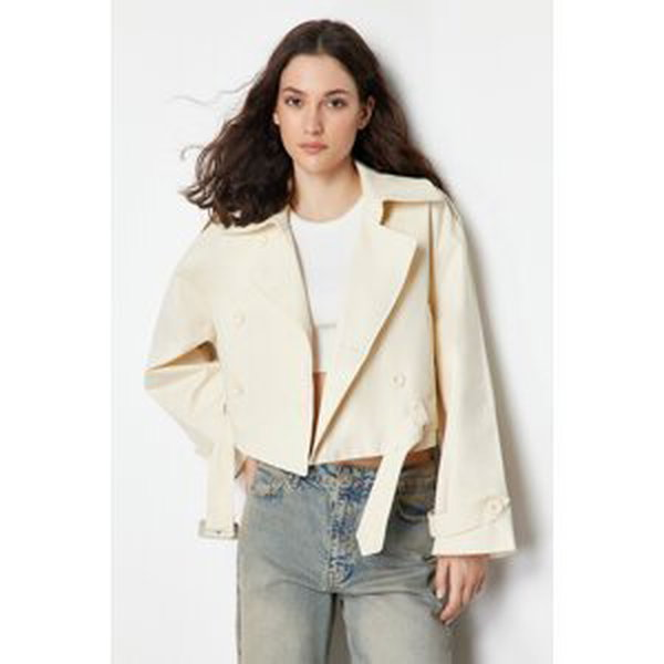 Trendyol Ecru Fitted Belted Cotton Crop Trench Coat