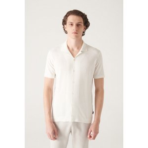 Avva Men's White Cuban Collar Short Sleeve Slim Fit Slim Fit Knitwear Cardigan