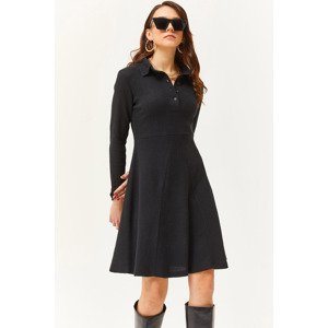 Olalook Women's Black Polo Collar Buttoned Mini Flared Dress