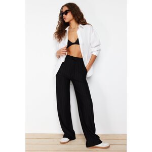 Trendyol Black Thick Striped Straight/Straight Cut Stretchy Trousers