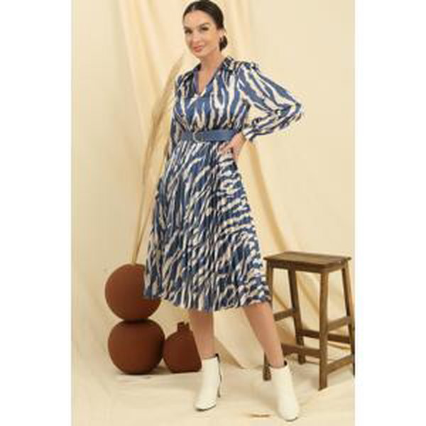By Saygı Polo Neck Waist Belted Lined Patterned Skirt Pleated Satin Dress