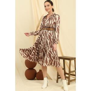 By Saygı Polo Neck Waist Belted Lined Patterned Skirt Pleated Satin Dress