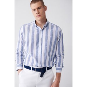 Avva Men's Blue 100% Cotton Buttoned Collar Striped Comfort Fit Comfy Cut Shirt