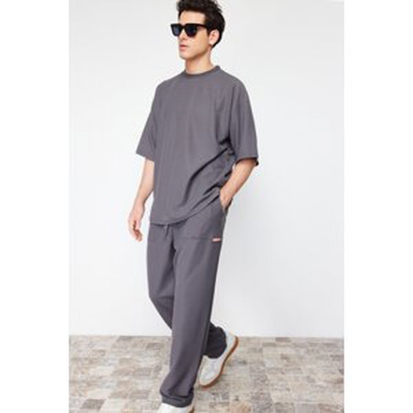Trendyol Anthracite Oversize/Wide-Fit Textured Wide Leg Labeled Sweatpants