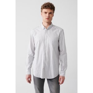 Avva Men's Gray 100% Cotton Oxford Buttoned Collar Striped Standard Fit Regular Cut Shirt
