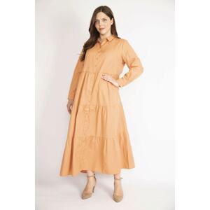 Şans Women's Orange Plus Size Front Buttoned Tiered Long Sleeve Dress