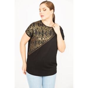 Şans Women's Black Plus Size Blouse with Gold Print and Stone Detail