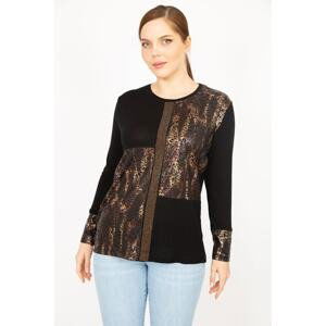 Şans Women's Black Plus Size Stone and Print Detailed Long Sleeve Blouse