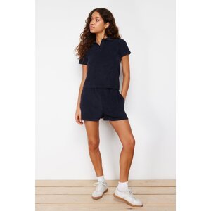 Trendyol Navy Blue Towel Regular/Normal Fit Polo Neck and Regular Leg Knitted Two Piece Set