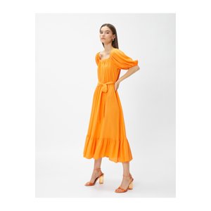 Koton Layered Midi Length Dress With Open Shoulder Belt