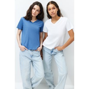 Trendyol White-Indigo 100% Cotton 2-Pack Basic V Neck Knitted T-Shirt