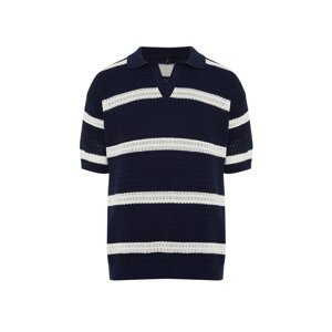 Trendyol Navy Blue Regular Fit Striped Loose Pat Limited Edition Knitwear Polo Neck T-Shirt