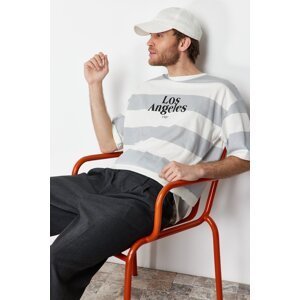 Trendyol Gray Oversize Striped City Printed 100% Cotton T-Shirt
